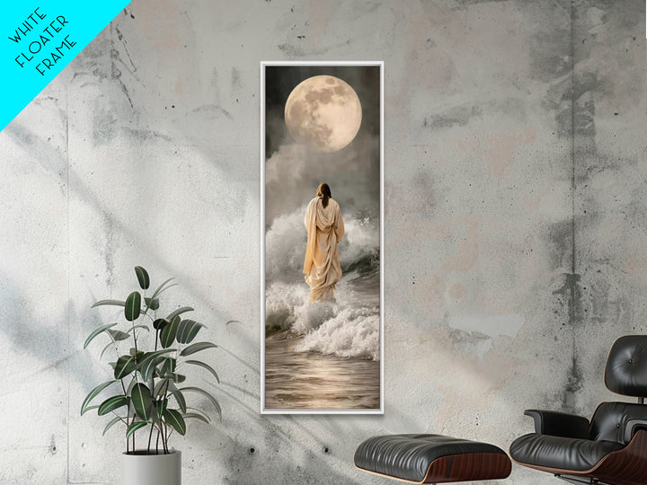 Moonlit Footsteps – Framed Canvas Print – Tall Skinny Art Print – Jesus Painting – Christian Art Canvas – Christian Wall Art