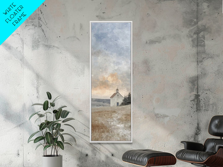 Meadow Chapel Light – Framed Canvas Print – Christian Wall Art – Christian Art Canvas – Vintage Christian Art – Narrow Art – Christian Deco