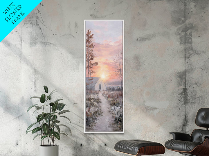 Dawn Chapel Path – Framed Canvas Print – Christian Wall Art – Christian Christmas Art – Christian Art Canvas – Skinny Art – Christmas Art