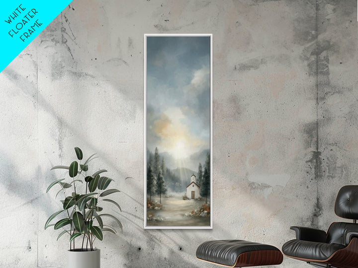 Mountain Chapel Radiance – Framed Canvas Print – Christian Art Canvas – Christian Christmas Art – Christmas Wall Art – Narrow Art – Framed