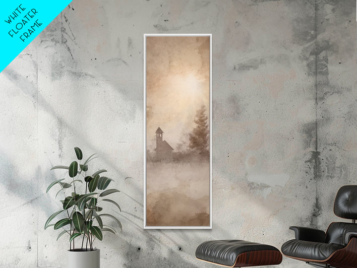 Misty Chapel Glow – Framed Canvas Print – Christian Art Canvas – Christian Wall Art – Christian Christmas Art – Narrow Art – Christian Art