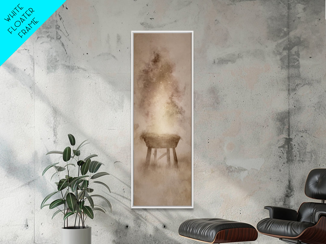 Manger Of Light, Framed Canvas Print, Christian Wall Art, Tall Narrow Wall Art, Christmas Art Prints, Christian Christmas Art, Unique Chris