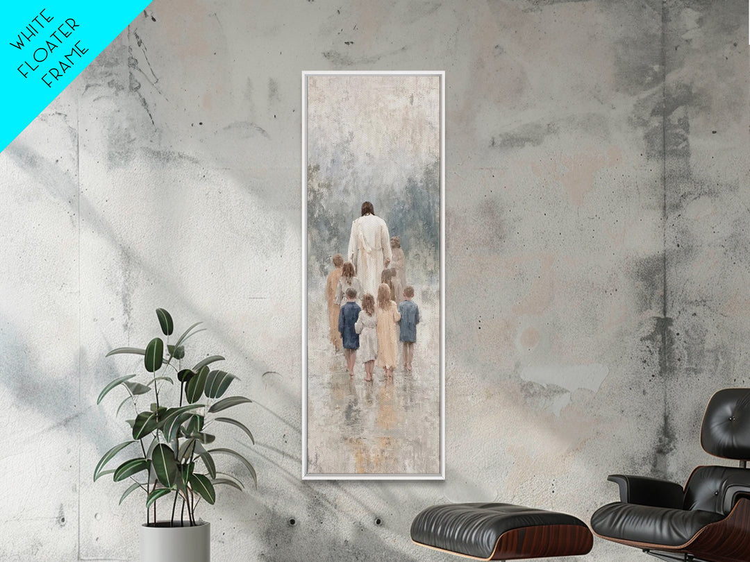 Walking With Jesus | Framed Canvas Print | Tall Narrow Wall Art | Christian Art Print | Jesus Painting | Christian Decor | Subtle Christian