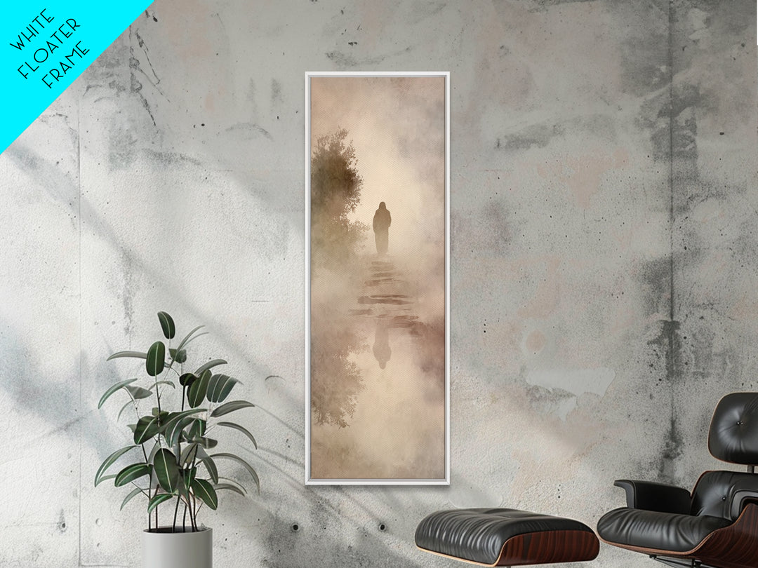 Misty Dawn Walk – Framed Canvas Print – Christian Art – Christian Art Canvas – Jesus Painting – Narrow Art – Christian Christmas Art