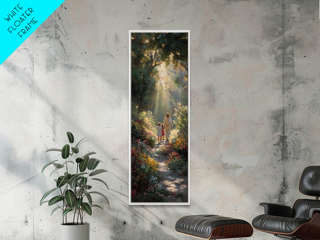Radiant Garden Path – Framed Canvas Print | Tall Narrow Wall Art | Jesus Painting | Christian Art Canvas | Christian Decor | Christian Wall