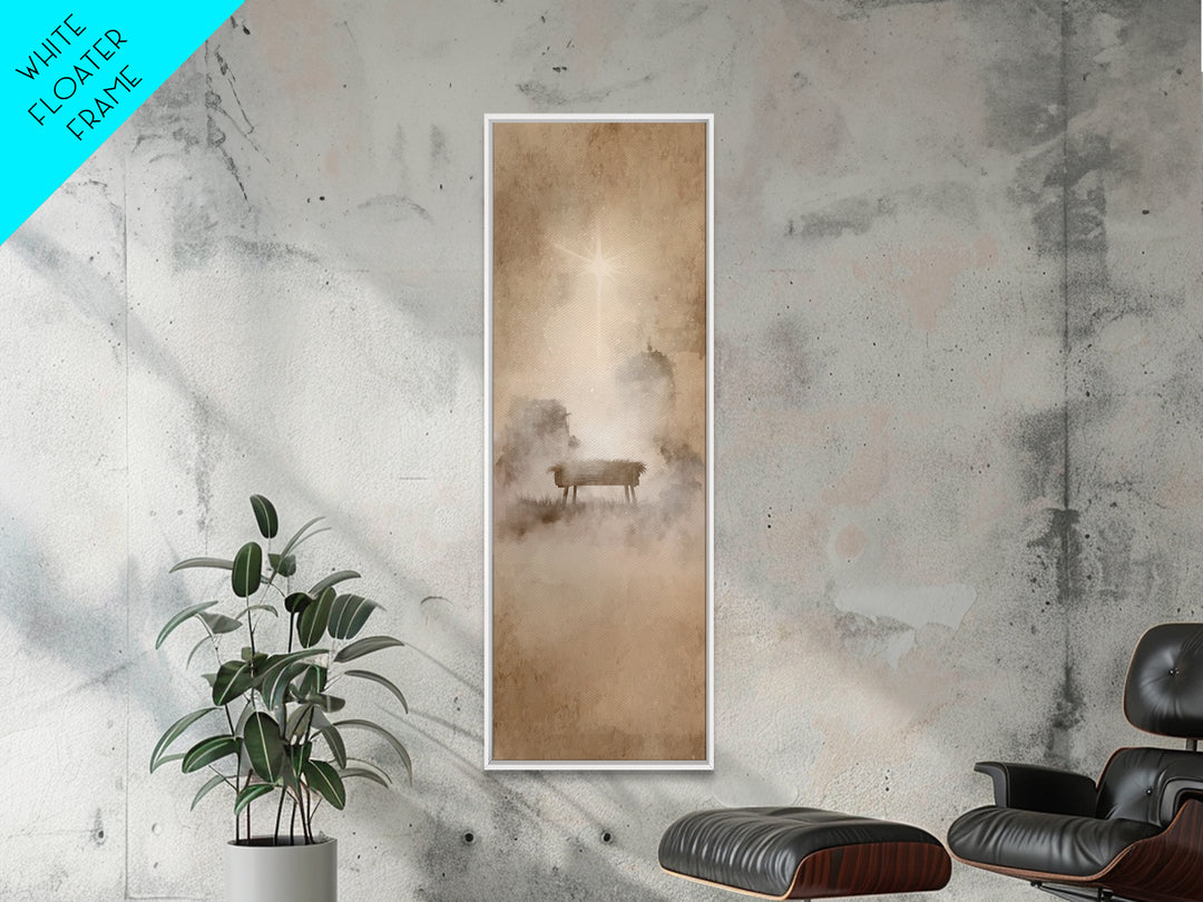 Manger Dawn Glow – Framed Canvas Print – Christian Christmas Art – Christian Wall Art – Narrow Art – Jesus Painting – Christian Art Canvas