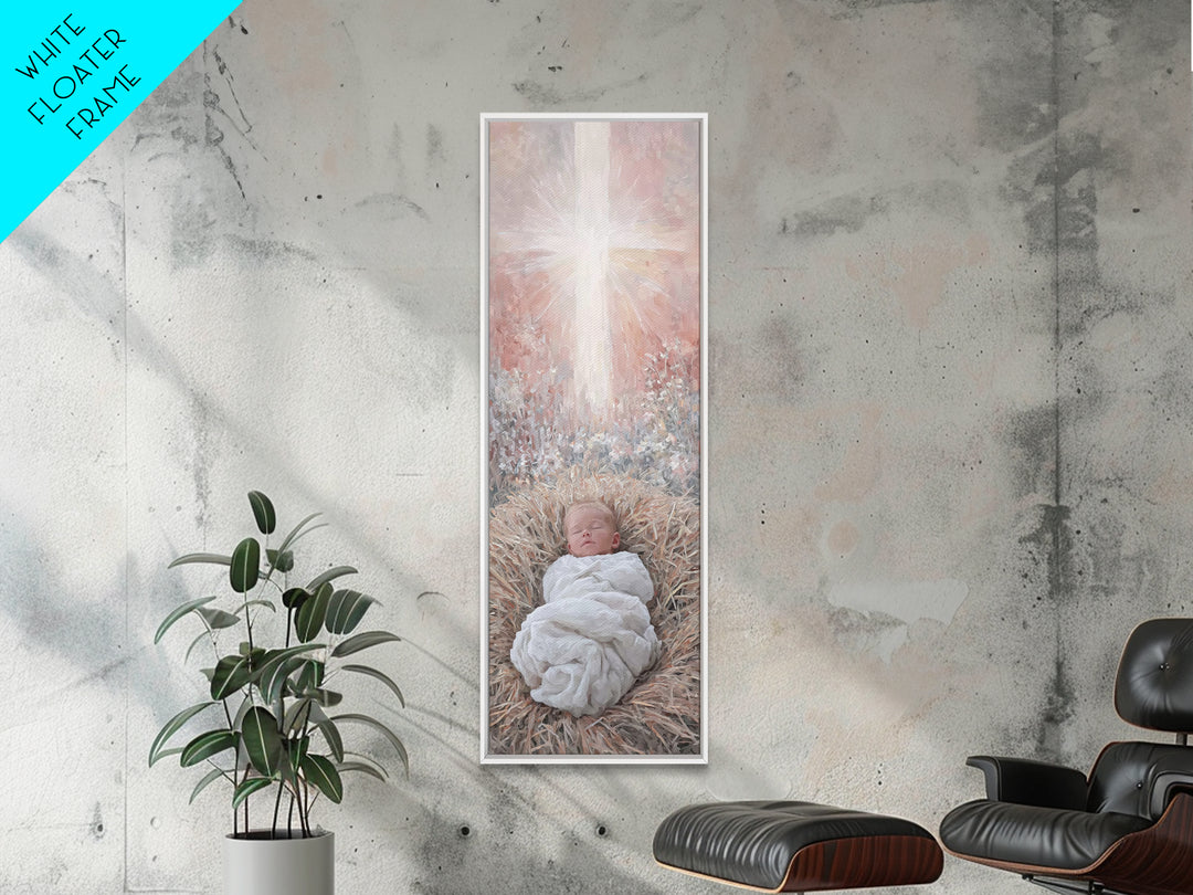 Sacred Manger Light | Framed Canvas Print | Christian Art Canvas | Christian Wall Art | Jesus Painting | Skinny Art