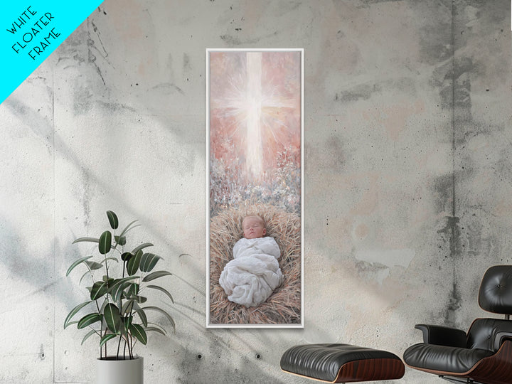 Sacred Manger Light | Framed Canvas Print | Christian Art Canvas | Christian Wall Art | Jesus Painting | Skinny Art