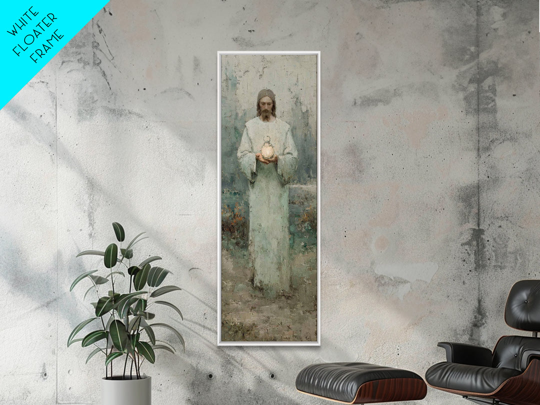 Hushed Lantern Grace – Framed Canvas Print – Narrow Art – Christian Wall Art – Christian Art Canvas – Jesus Painting – Skinny Art – Large C