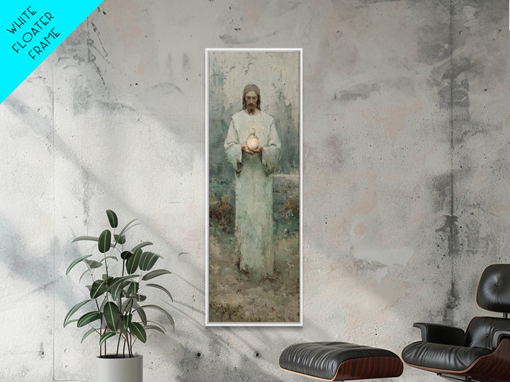 Hushed Lantern Grace – Framed Canvas Print – Narrow Art – Christian Wall Art – Christian Art Canvas – Jesus Painting – Skinny Art – Large C