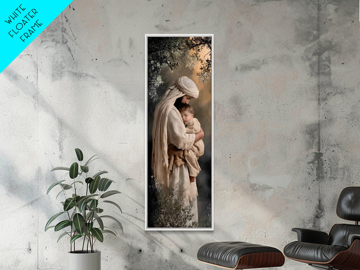 Shepherd’s Quiet Hold | Framed Canvas Print | Christian Wall Art | Jesus Painting | Christian Art Print | Tall Skinny Art Print | Christian