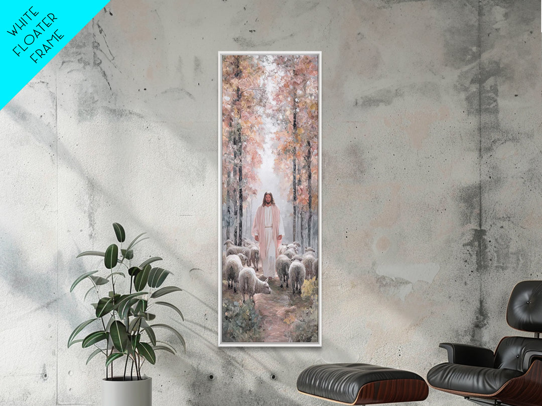 Autumn Shepherd Path – Framed Canvas Print – Tall Skinny Art Print – Christian Painting – Jesus Art Print – Christian Wall Art