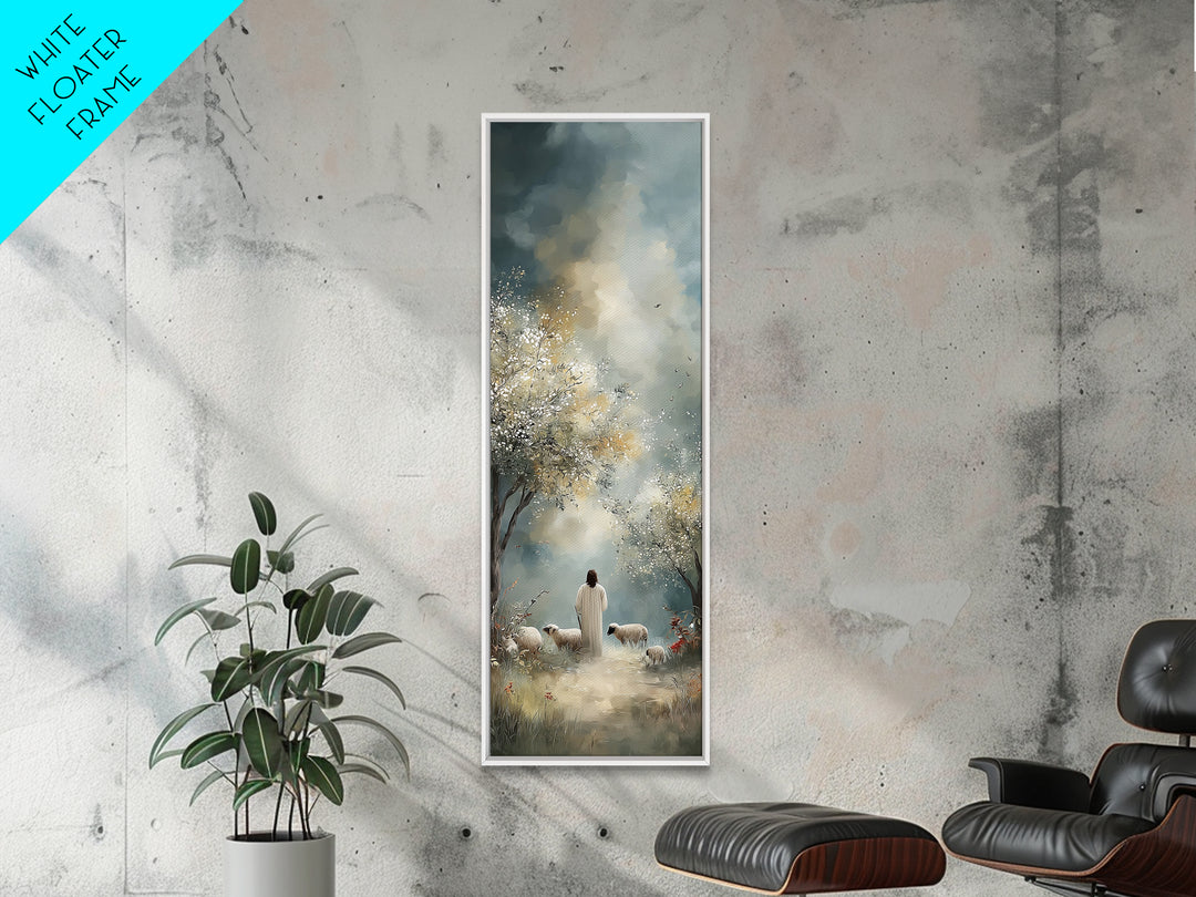 Pastoral Dawn Walk – Framed Canvas Print – Tall Skinny Art Print – Christian Wall Art – Christian Art Canvas – Jesus Painting – Christian C