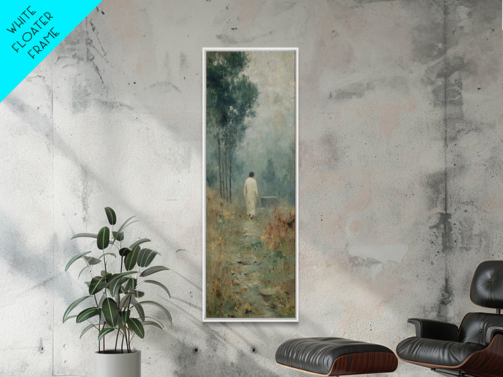 Quiet Meadow Walk, Framed Canvas Print, Christian Wall Art, Jesus Painting, Tall Skinny Art Print, Christian Art Canvas