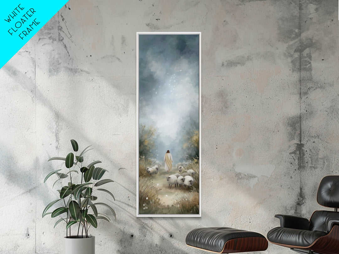 Heavenly Pasture Light, Framed Canvas Print, Tall Skinny Art Print, Christian Art Canvas, Christian Wall Art, Jesus Painting, Christmas Art