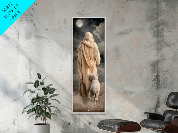 Moonlit Shepherd Walk | Framed Canvas Print | Narrow Art | Christian Wall Art | Jesus Painting | Christian Art Canvas | Christian Art