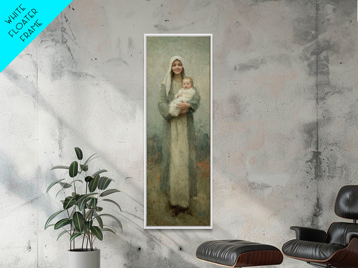 Gentle Embrace Light | Framed Canvas Print | Skinny Art | Christian Art Canvas | Christian Wall Art | Christian Christmas Art | Jesus Art