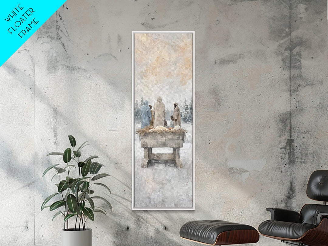 Winter Manger Gathering – Framed Canvas Print – Tall Skinny Art Print – Christian Wall Art – Jesus Painting – Christmas Art – Christian Dec
