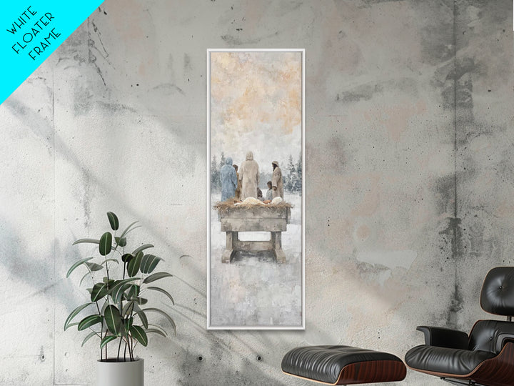 Winter Manger Gathering – Framed Canvas Print – Tall Skinny Art Print – Christian Wall Art – Jesus Painting – Christmas Art – Christian Dec