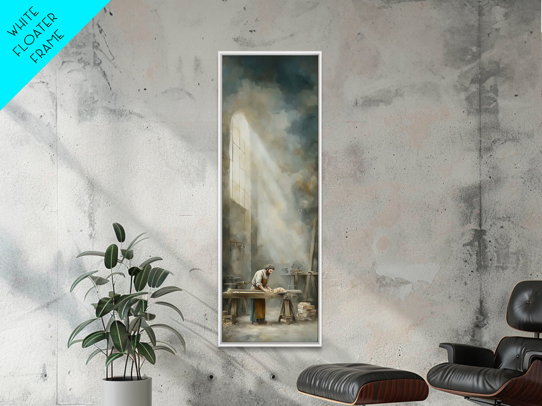 Holy Workshop Glow, Framed Canvas Print, Narrow Art, Christian Art Canvas, Christian Wall Art, Jesus Painting, Moody Christian Art