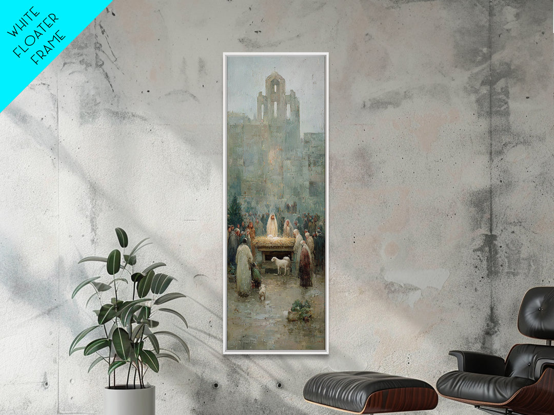 Nativity Town Gathering – Framed Canvas Print – Narrow Art – Christian Art Canvas – Christmas Art – Christian Wall Art – Christian Painting