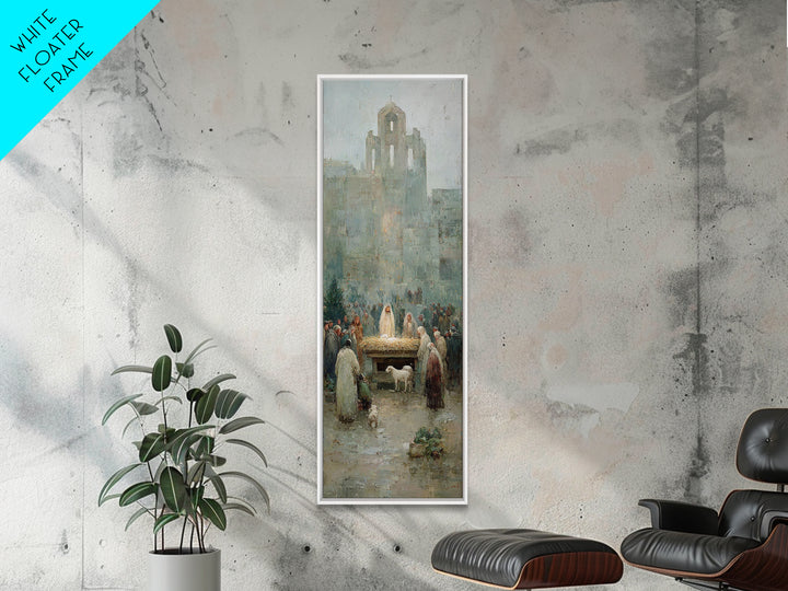 Nativity Town Gathering – Framed Canvas Print – Narrow Art – Christian Art Canvas – Christmas Art – Christian Wall Art – Christian Painting
