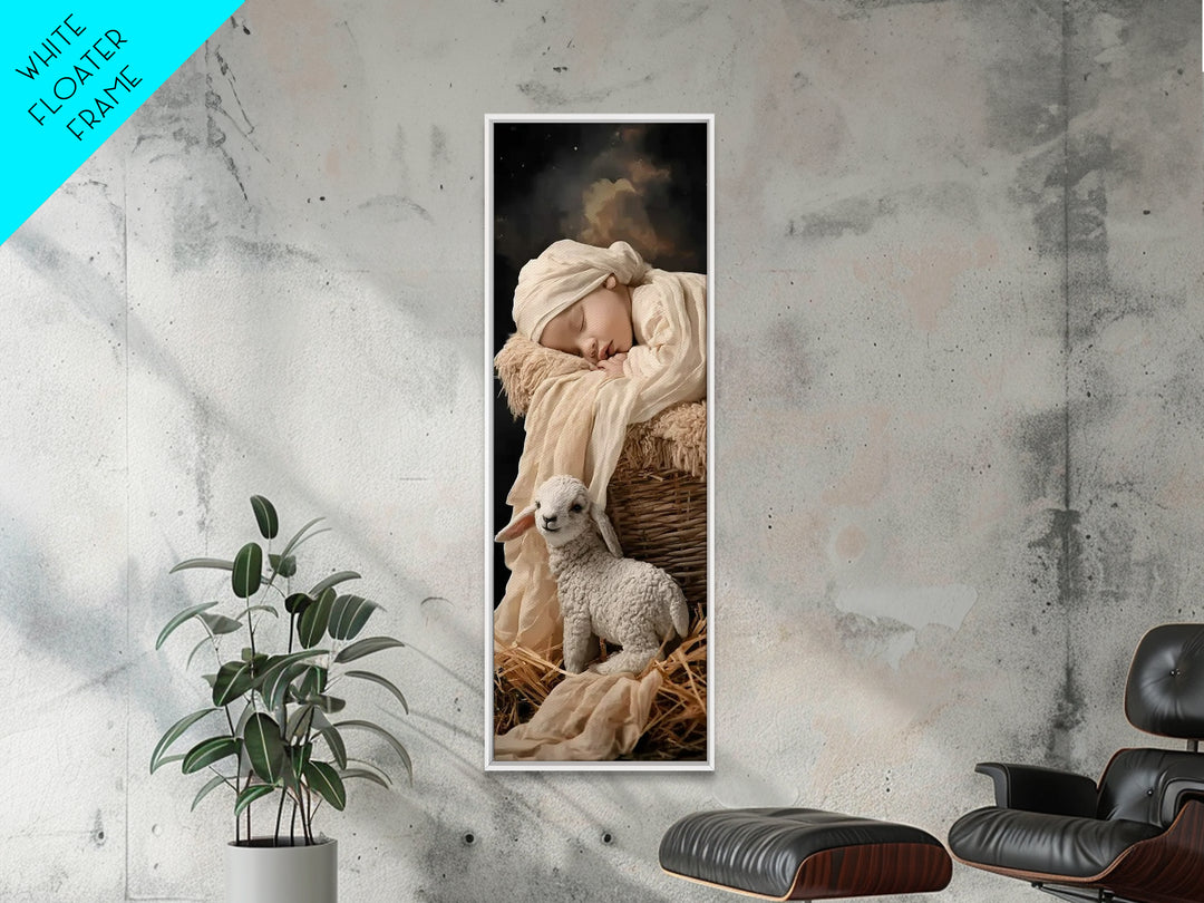 Tender Manger Peace – Framed Canvas Print – Christian Art Print – Christian Christmas Art – Jesus Painting – Narrow Art