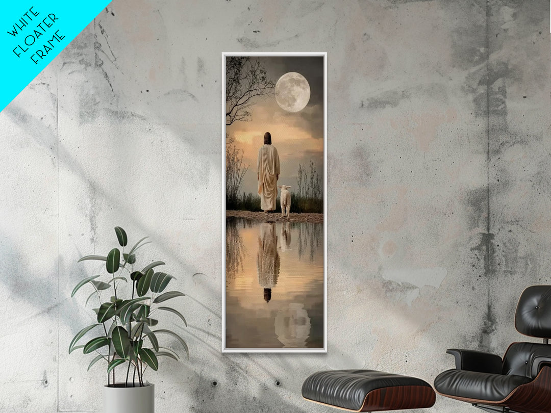 Moonlit Savior Path – Framed Canvas Print – Jesus Painting – Christian Art Canvas – Christian Wall Art – Skinny Art – Christian Art