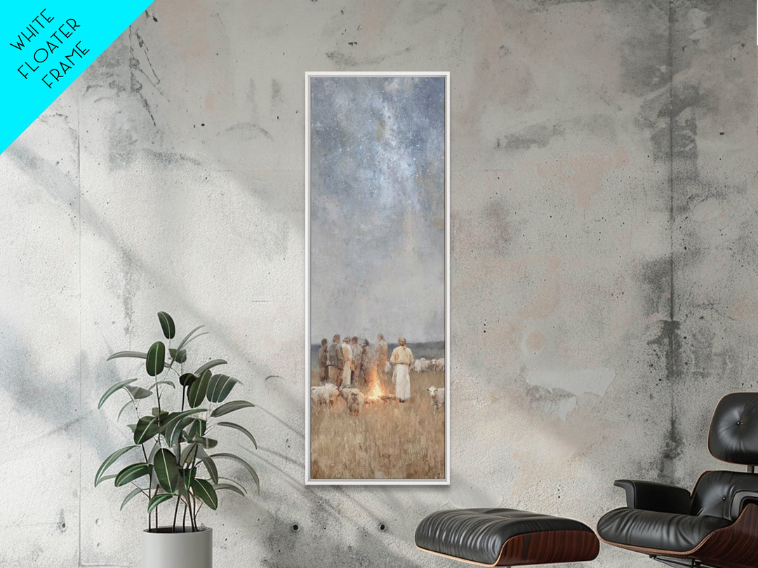 Shepherds By Firelight,Framed Canvas Print,Christian Wall Art,Tall Narrow Wall Art,Christian Paintings,Christmas Wall Art,Jesus Art Canvas