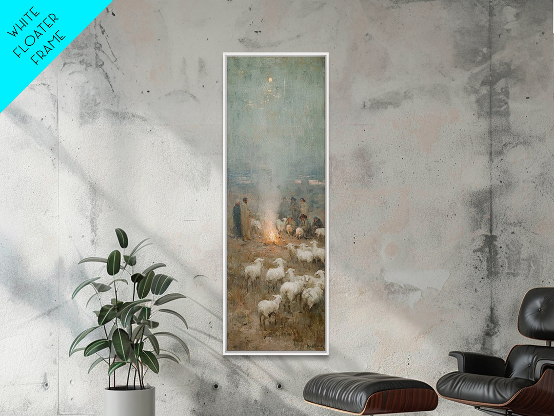 Moonlit Shepherd Circle | Framed Canvas Print | Christian Art Canvas | Christian Wall Art | Jesus Painting | Skinny Art | Christian Christm