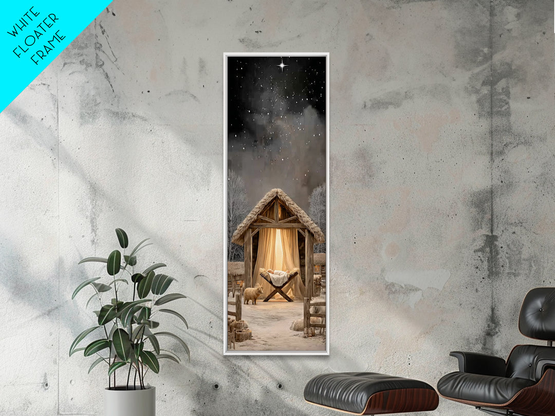 Starry Manger Peace – Framed Canvas Print – Christmas Wall Art – Christian Art Canvas – Skinny Art – Christian Christmas Art – Jesus Painti