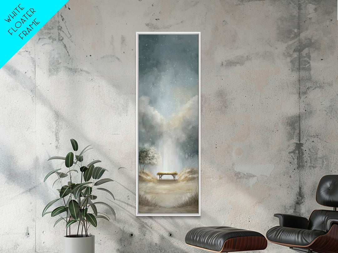 Winter Manger Light – Framed Canvas Print – Christmas Art – Christian Christmas Art – Christian Wall Art – Tall Narrow Wall Art