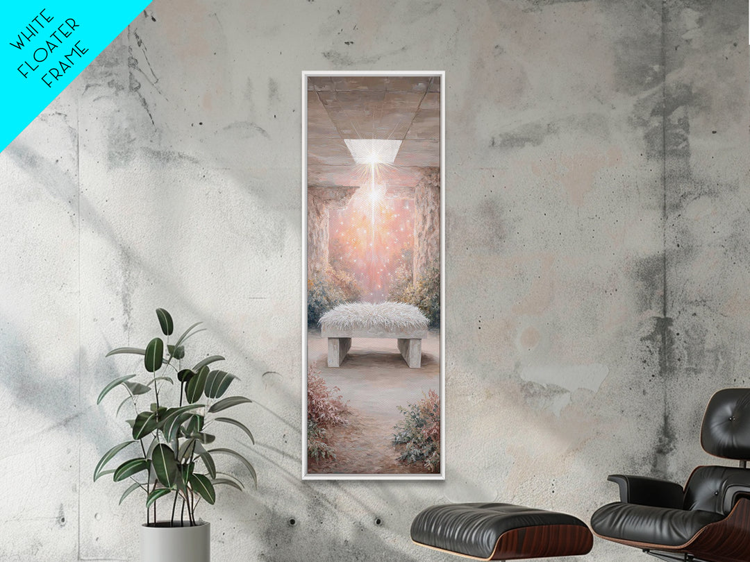 Holy Cradle Glow – Framed Canvas Print – Christian Wall Art – Christian Art Canvas – Christmas Art – Narrow Art