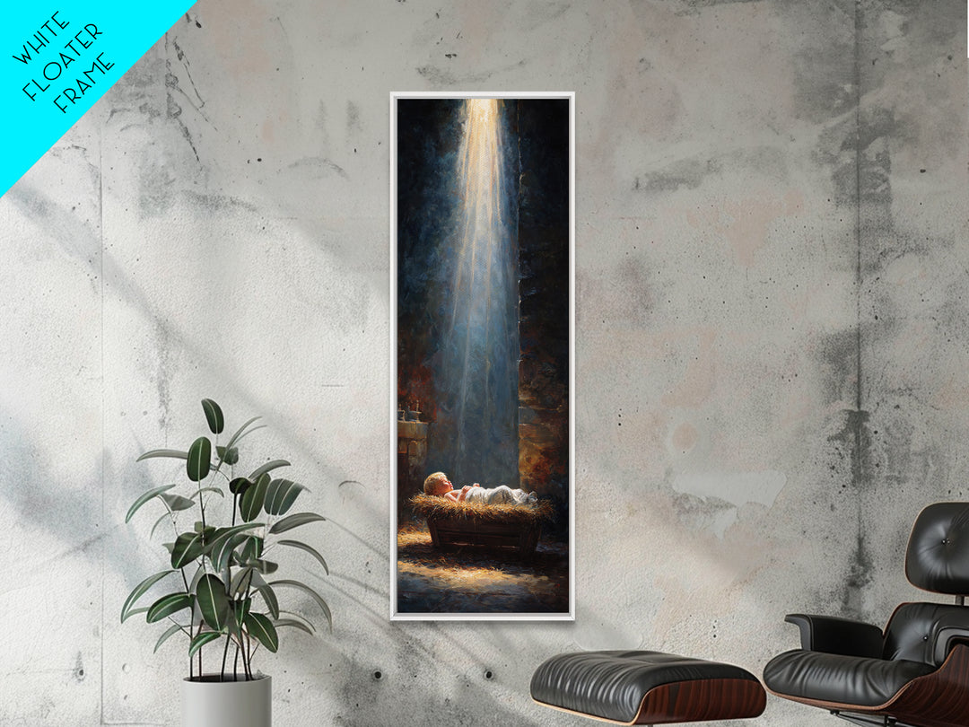 Manger Blessing Light – Framed Canvas Print – Christian Art – Jesus Painting – Christian Christmas Art – Christmas Canvas Wall Art – Skinny