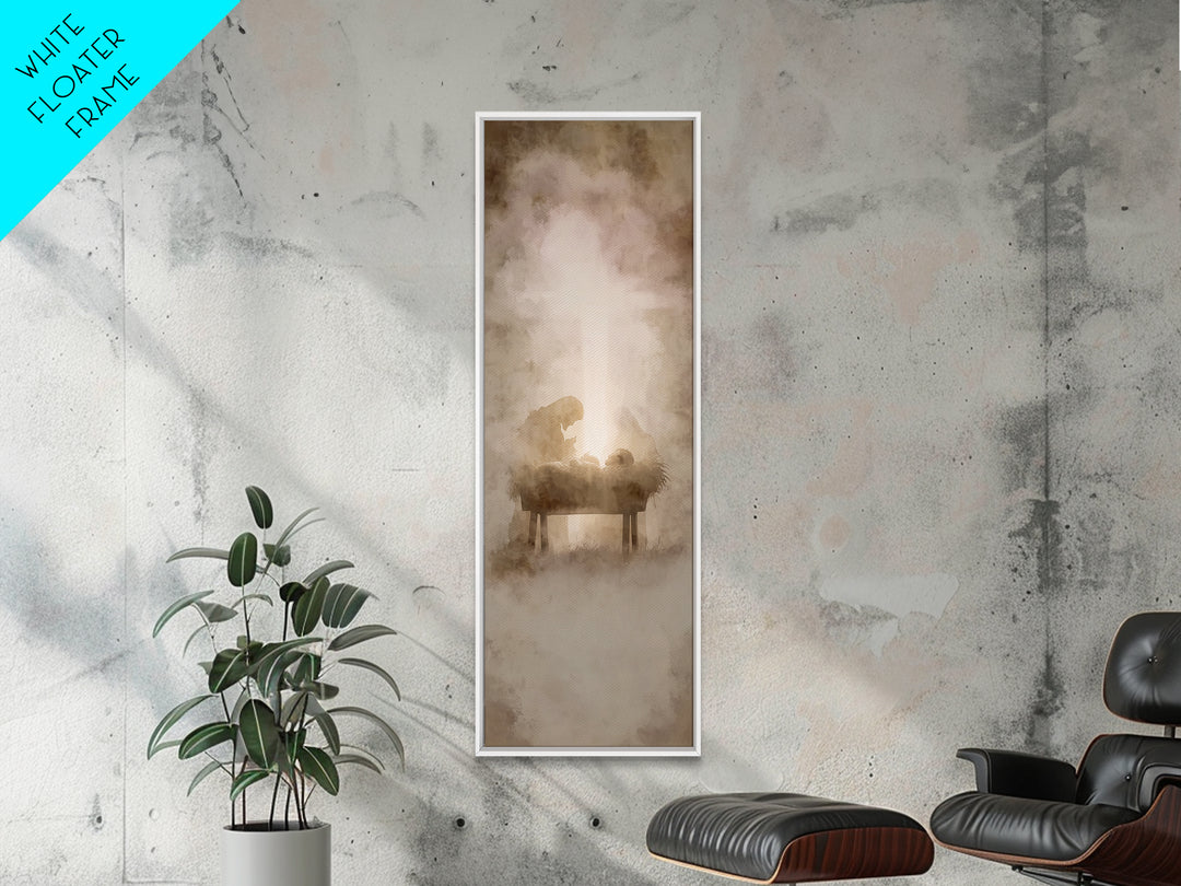 Nativity Hushed Wonder – Framed Canvas Print – Christian Wall Art – Christmas Art – Jesus Painting – Christian Christmas Art – Narrow Art –