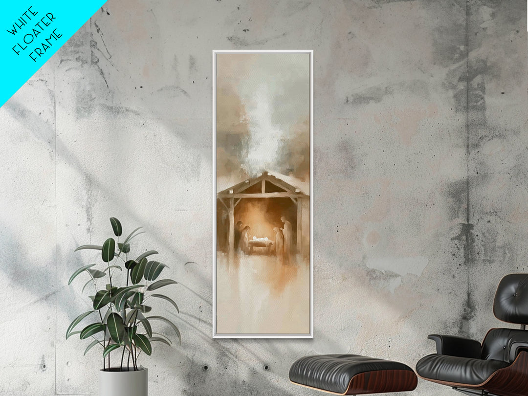 Manger Moon Night – Framed Canvas Print – Narrow Art – Christian Art Canvas – Christmas Art – Jesus Painting – Christian Christmas Art