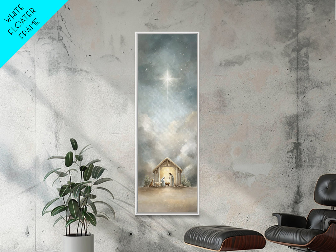 Radiant Stable Peace – Framed Canvas Print – Tall Narrow Wall Art – Christian Art Canvas – Jesus Art – Christian Christmas Art – Jesus Pain