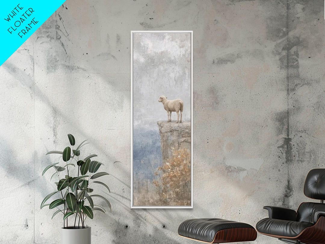 Lone Meadow Lamb, Framed Canvas Print, Christian Art Canvas, Christian Wall Art, Minimalist Christian Art, Skinny Art