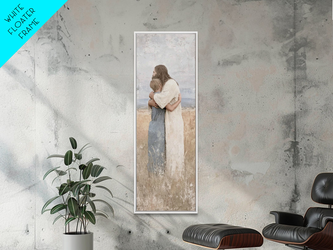Gentle Savior Hold | Framed Canvas Print | Christian Art Canvas | Christian Wall Art | Jesus Painting | Subtle Christian Art | Narrow Art