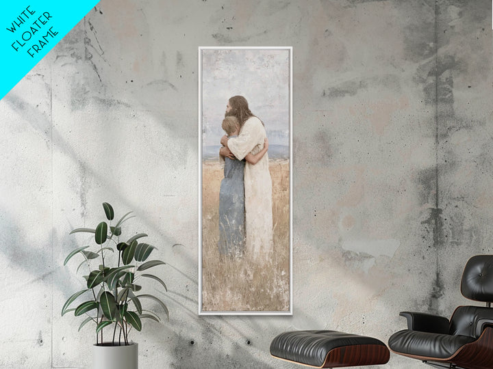 Gentle Savior Hold | Framed Canvas Print | Christian Art Canvas | Christian Wall Art | Jesus Painting | Subtle Christian Art | Narrow Art