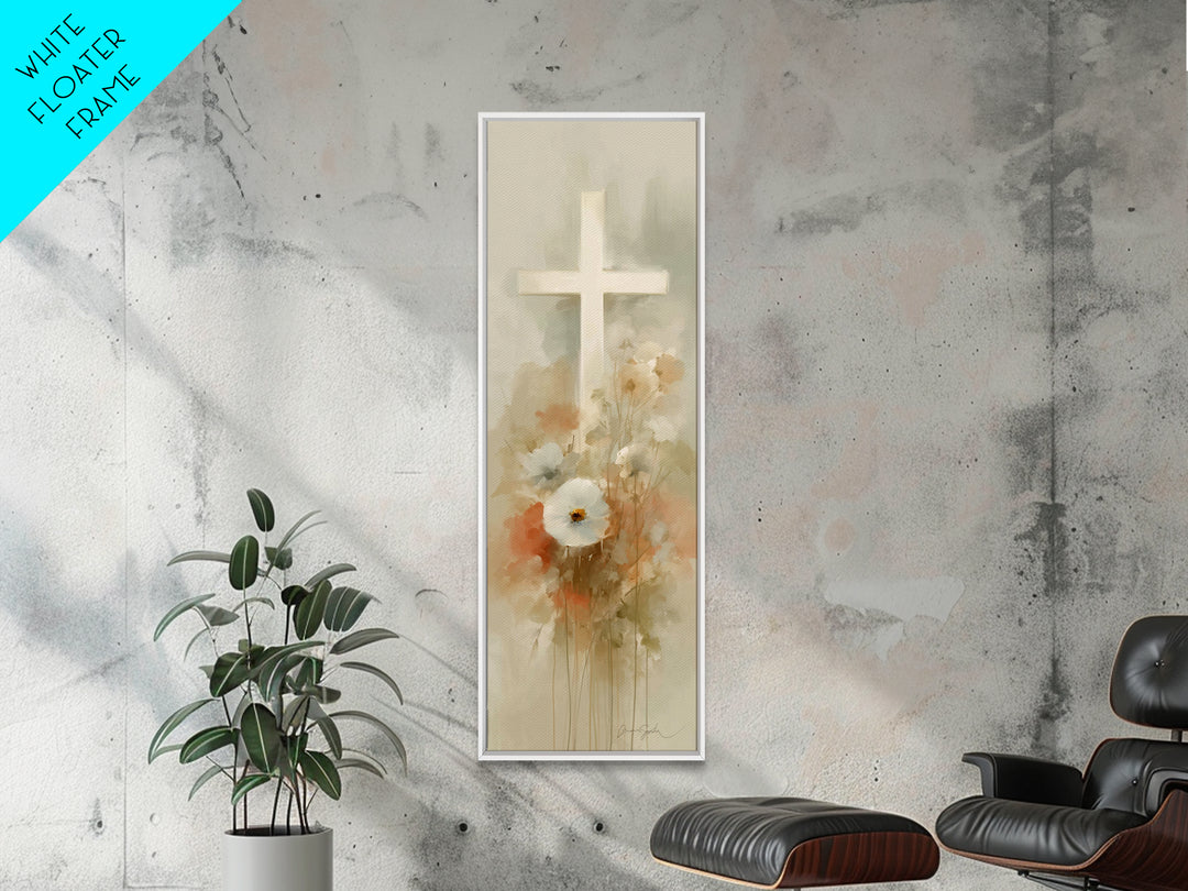 Soft Cross Blossoms | Framed Canvas Print | Christian Art | Christian Art Canvas | Christian Wall Art | Subtle Christian Art | Narrow Art