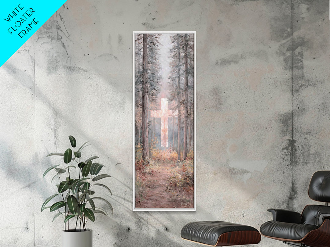 Forest Cross Glow – Framed Canvas Print – Narrow Art – Christian Wall Art – Christian Art Canvas – Christmas Art – Modern Christian Art – C
