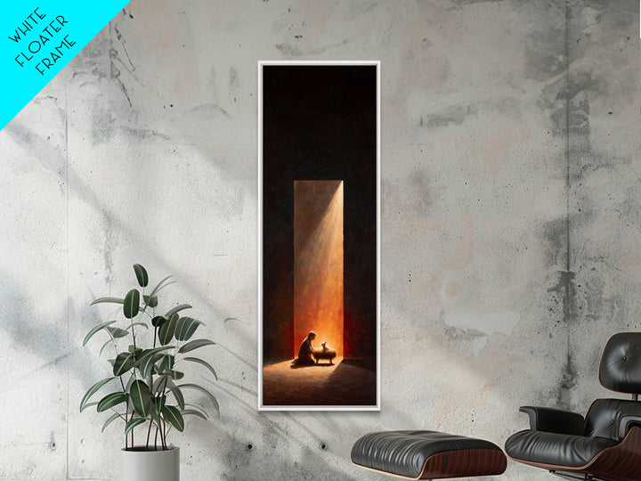 Sacred Manger Glow – Framed Canvas Print – Christmas Wall Art – Tall Skinny Art Print – Christian Art – Jesus Painting – Christian Art Gift