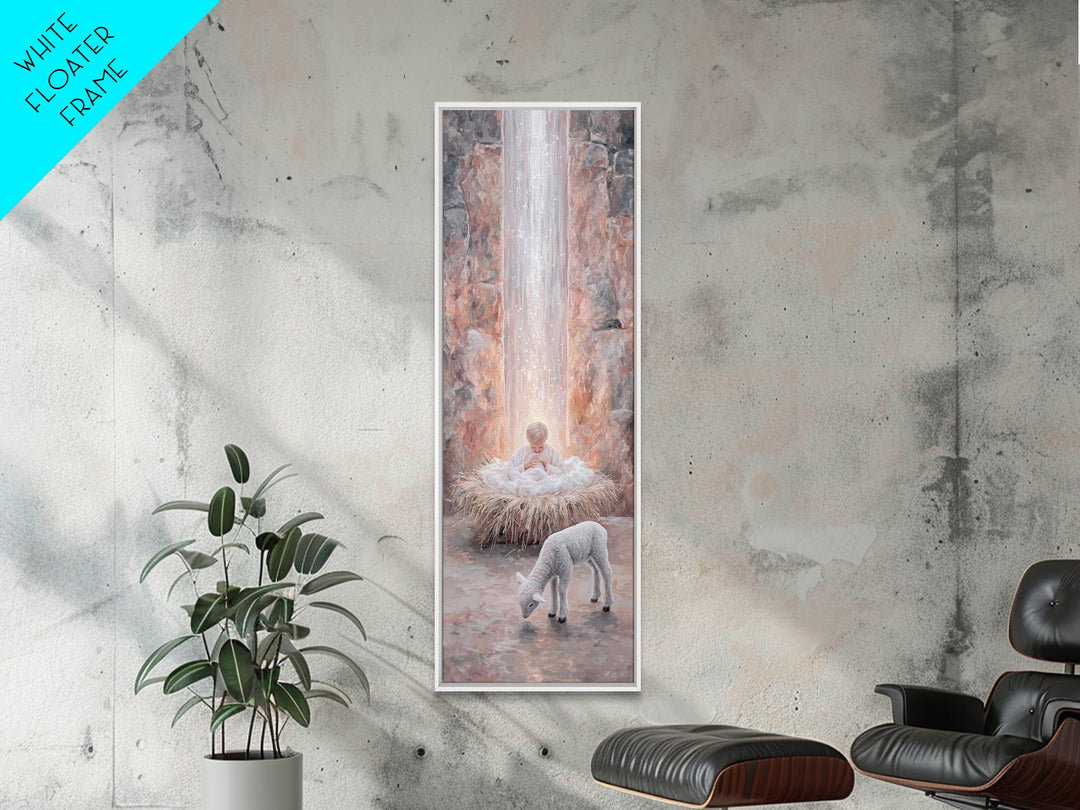 Heavenly Child Light – Framed Canvas Print – Christian Christmas Art – Narrow Art – Jesus Painting – Christian Wall Art – Christmas Canvas