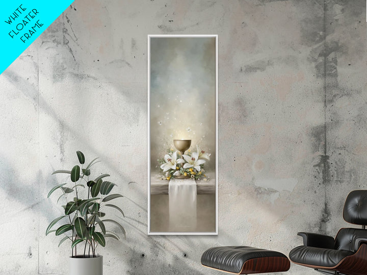 Cross And Lilies | Framed Canvas Print | Narrow Art | Christian Art | Christian Wall Art | Christmas Art | Jesus Painting | Bible Art