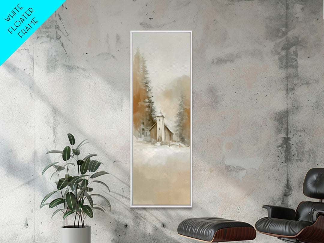 Snowy Chapel Peace – Framed Canvas Print – Christian Wall Art – Christian Art – Christmas Art – Tall Narrow Wall Art – Christian Decor