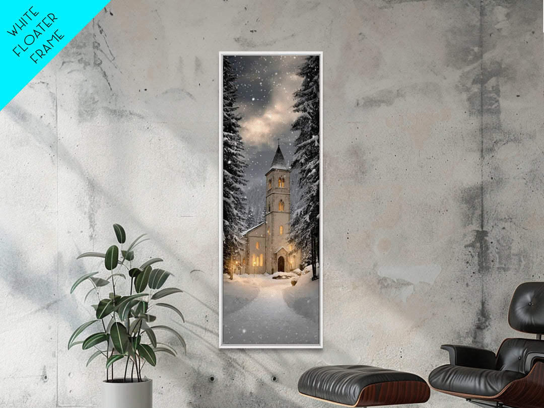 Snowfall Chapel Light – Framed Canvas Print – Tall Narrow Wall Art – Christian Wall Art – Christmas Art – Christian Christmas Décor – Moder