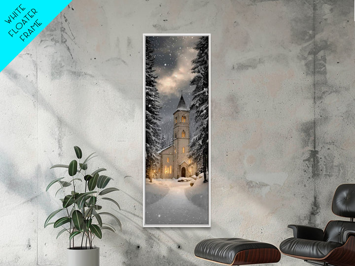 Snowfall Chapel Light – Framed Canvas Print – Tall Narrow Wall Art – Christian Wall Art – Christmas Art – Christian Christmas Décor – Moder
