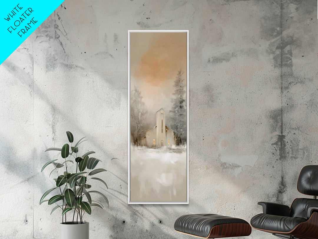 Evening Chapel Calm, Framed Canvas Print, Skinny Art, Christian Wall Art, Christian Christmas Art, Christmas Art Work, Framed Christian Art