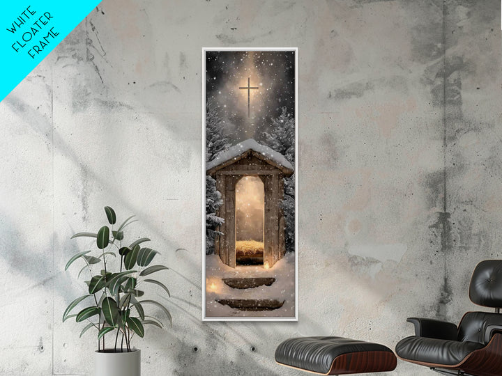 Snowlit Holy Shelter | Framed Canvas Print | Christmas Art | Christian Art Canvas | Christian Wall Art | Skinny Art | Christian Christmas A